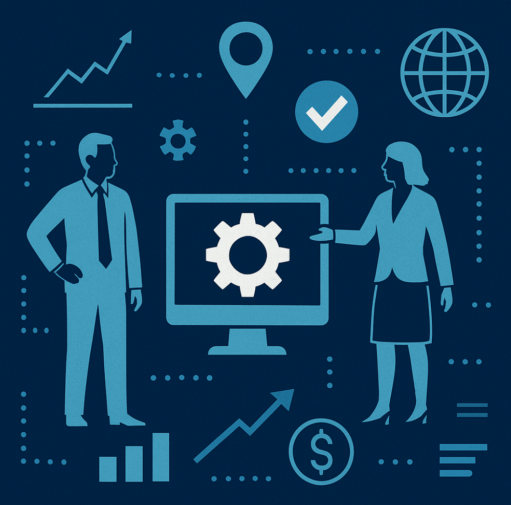 Illustration of manufacturing software collaboration, growth, and global operations